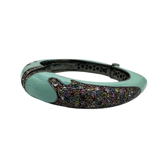 Rina Limor Off Turquoise Enamel Bracelet 925 Sterling Silver Clamper Bangle - Picture 2 of 5